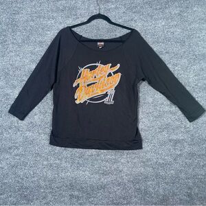 Harley Davidson Women’s Medium Black Orange Scoop Neck 3/4 Sleeve Moto Biker